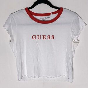 Guess White Cropped Crew Neck T Shirt With Embroidered Logo L
